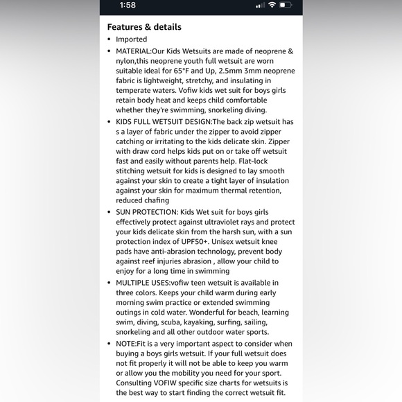 Vofiw Kids 3mm Neoprene Wet Suit with back zipper - Picture 3 of 5